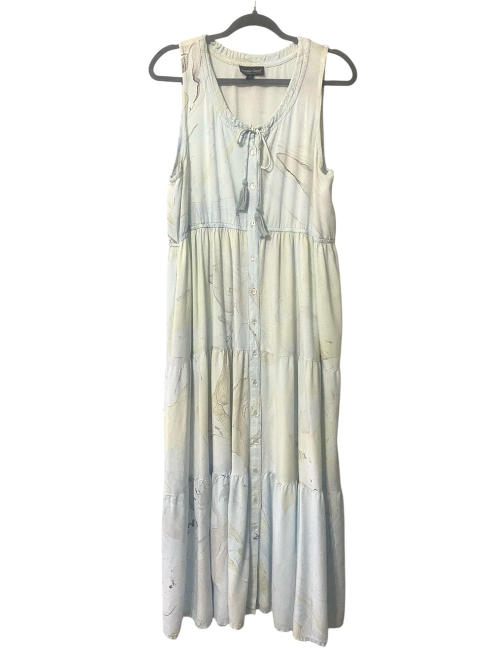GREATER GOOD XL Sleeveless Light Blue Marble Tiered Maxi Dress with Pockets